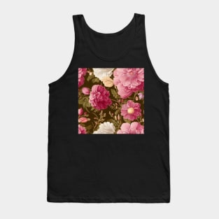 Vintage Floral Light Pink and White Flowers on Olive Green Tank Top